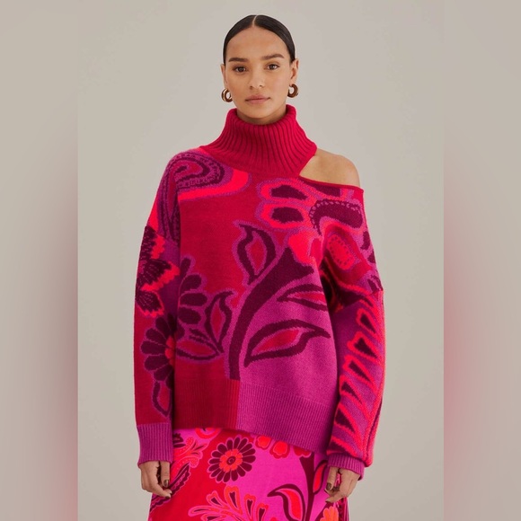 FARM Rio Bold Pink Floral Turtleneck Sweater